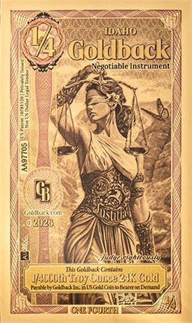 Idaho 1/4 Goldbacks 2026 Alpha Gold Polymer Note 1/4000th Troy Oz 24K