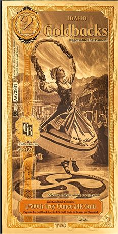 Idaho 2 Goldbacks 2026 Alpha Gold Note 1/500th Troy Oz 24KT Goldback Gem unc