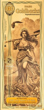 Idaho 100 Goldbacks 2026 Alpha Gold Note 1/10th Troy Oz 24KT Goldback Gem Unc BU