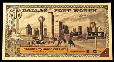 Dallas Fort Worth, TX 1 Goldbacks .999 Fine Gold Polymer Note