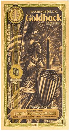 2026 Limited Edition Washington DC 1 Goldbacks .999 Fine Gold Polymer Note
