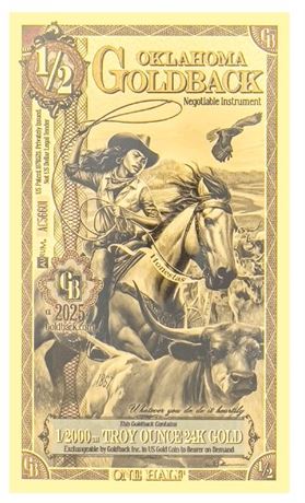 Oklahoma 1/2 Goldbacks .999 Fine Gold Polymer Note