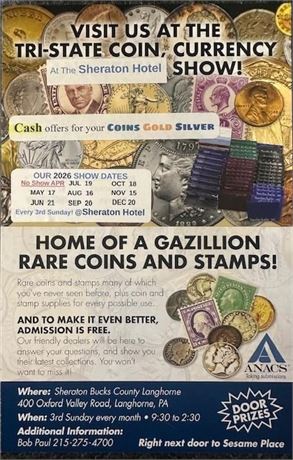 Tri-State Coin, Stamp and Paper Money Show SEPTEMBER 20th, 2026