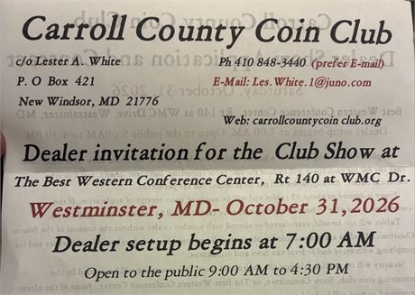 Carroll County Coin Club Coin Show - October 31, 2026