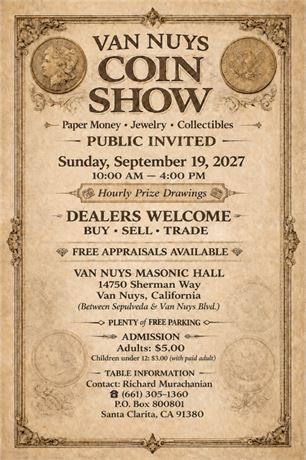 Van Nuys Coin Show - Sunday, September 19th, 2027 - 10AM - 4PM
