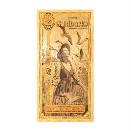 Utah 2 Goldbacks 2026 Alpha Gold Polymer Note 1/500th Troy Oz 24K